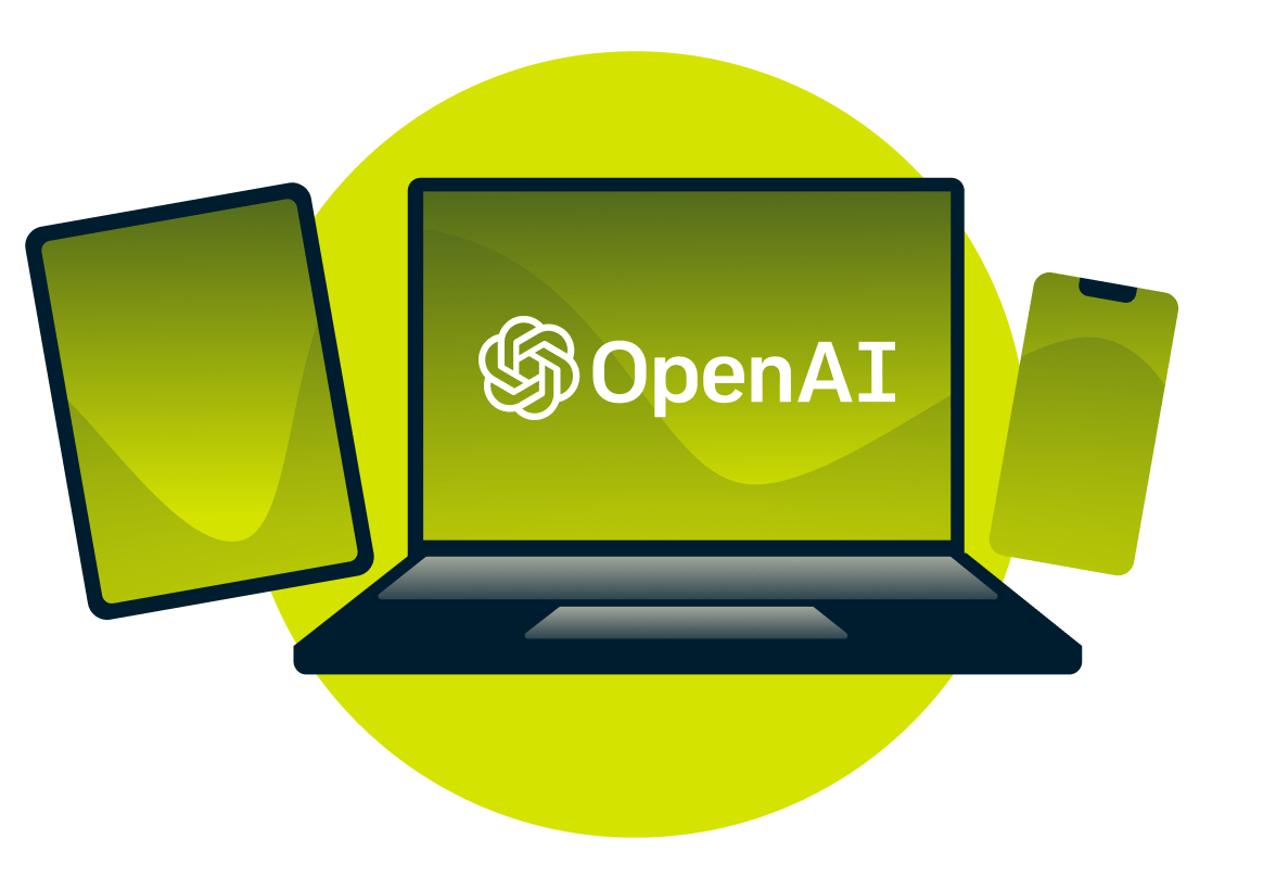 Una laptop, tablet y tel&eacute;fono con el logo de OpenAI.