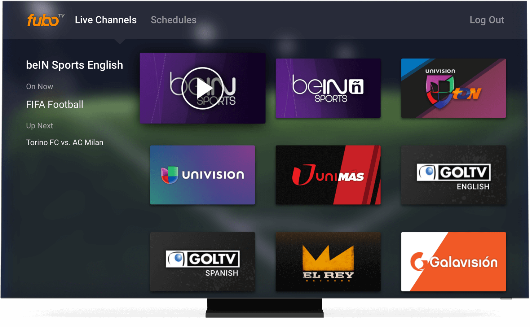 &Eacute;cran d'accueil de fuboTV sur une Smart TV.